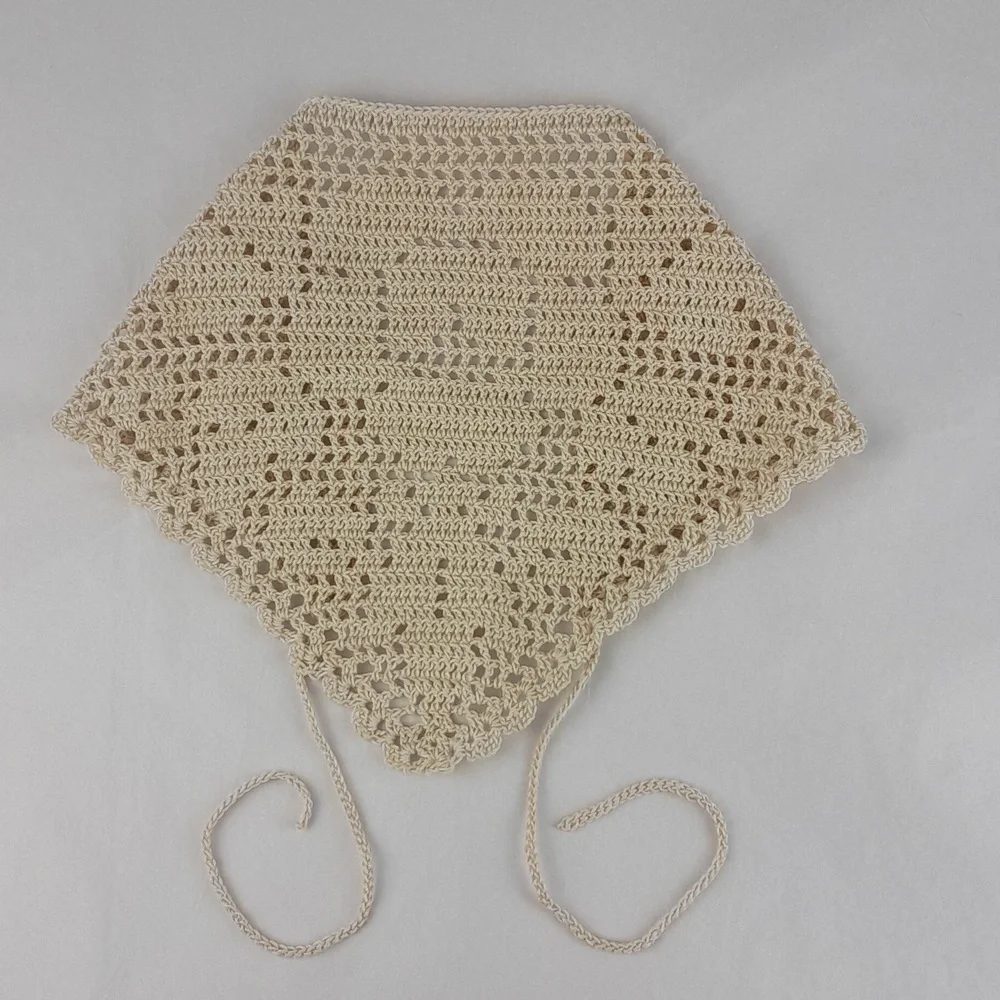 Handcrafted Cream Crochet Rose Filet Head Scarf Bandana Tie Back Cotton - Picture 3 of 7